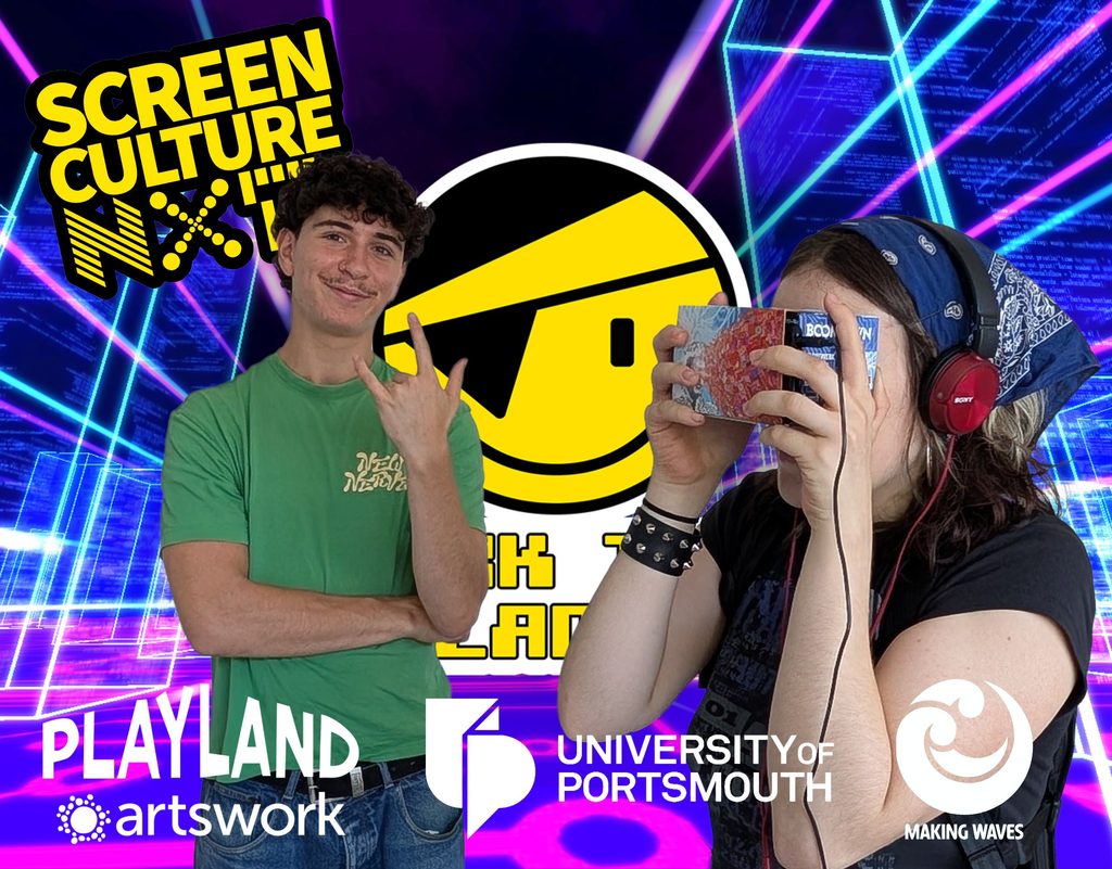Screen Culture NXT banner image showing a female lookinn through an early VR set 